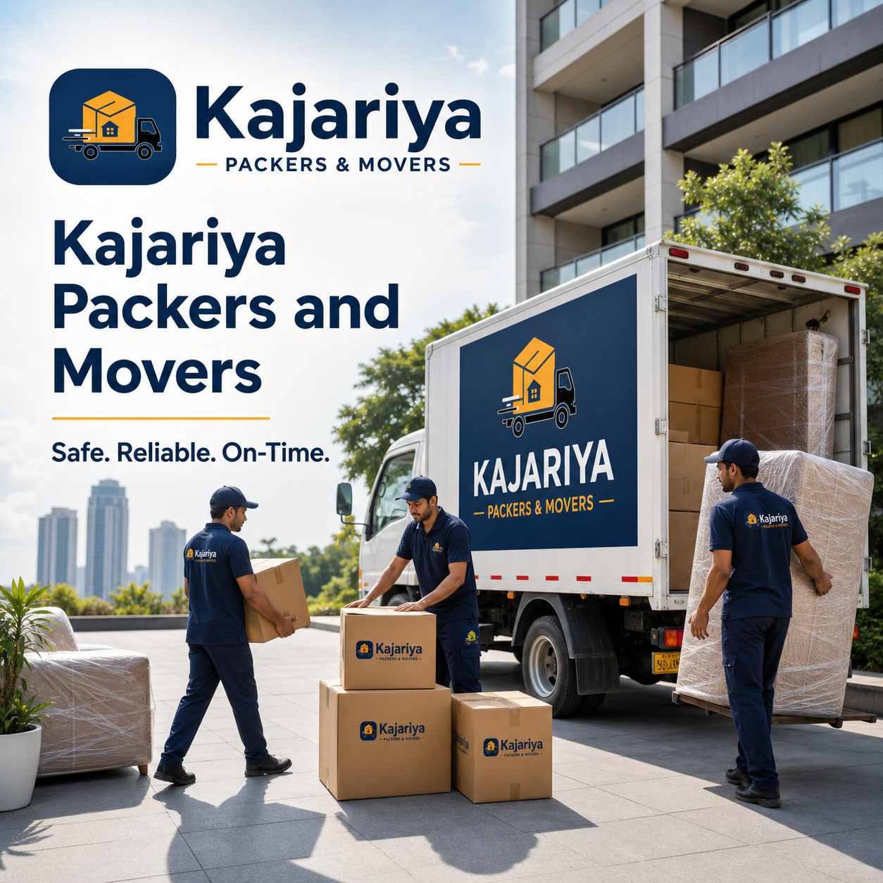 Kajariya Packers and Movers branded moving team with truck for home shifting in Bangalore