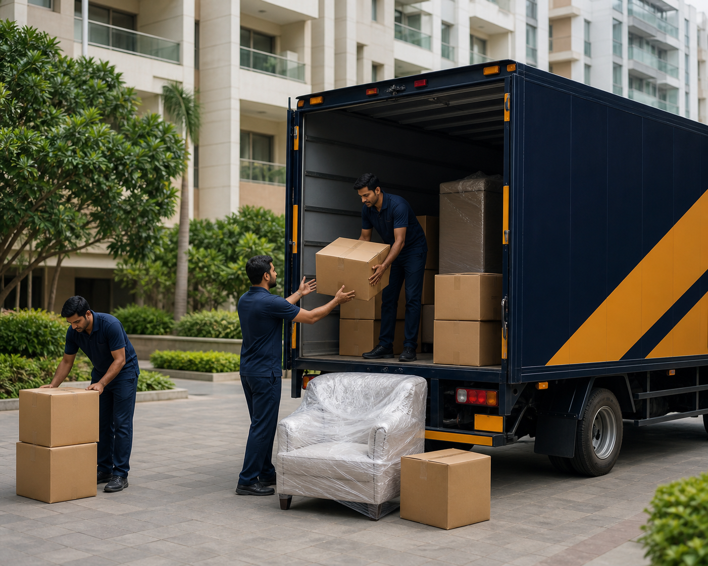 Kajariya Packers and Movers team loading boxes into a moving truck in Bangalore