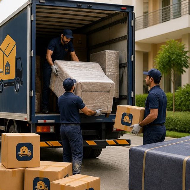 Careful loading of packed goods into a moving truck